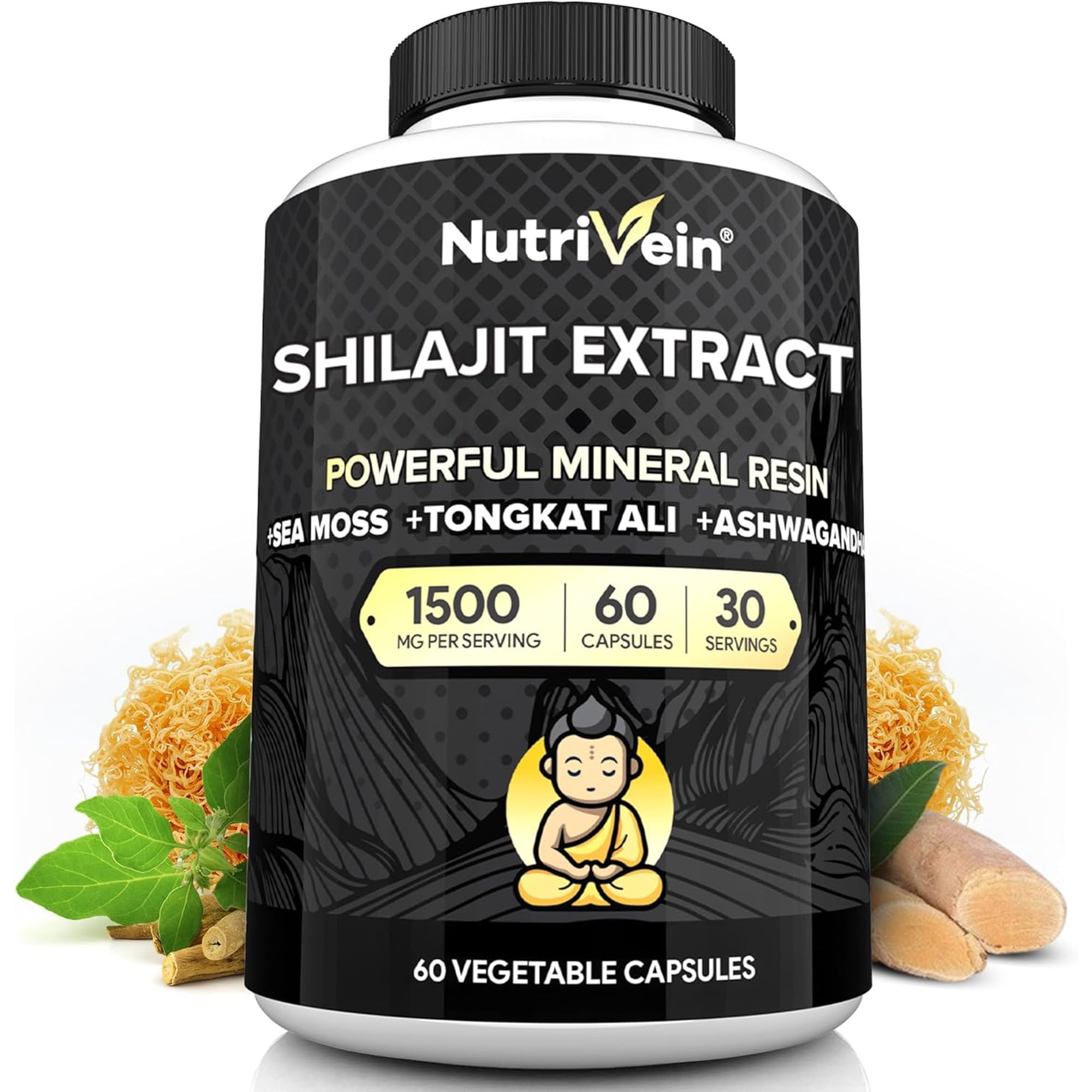Nutrivein Premium Shilajit – Himalayan Origin for Men & Women - 1500 mg - 60 Capsules - Powerful Extract Blended with Irish Sea Moss, Tongkat Ali, Ashwagandha - Vitality, Clarity, Performance