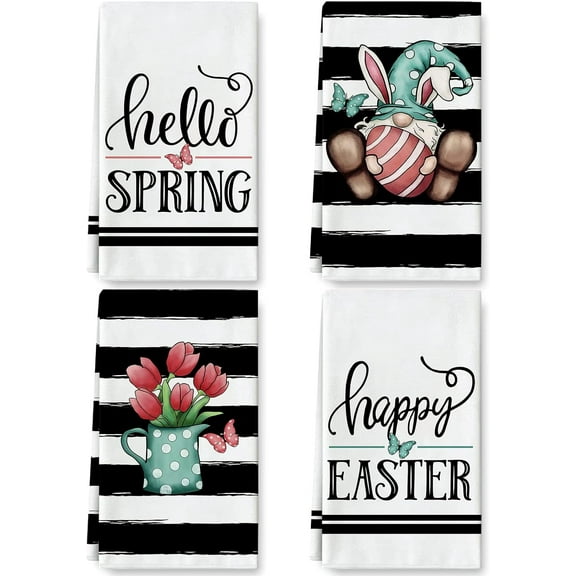 Easter Kitchen Towel Hello Spring Dish Towels 18 x 26 Inch White Black Stripes Easter Gnome Floral Hand Drying Tea Towel for Cooking Baking Cleaning Wipes, Set of 4