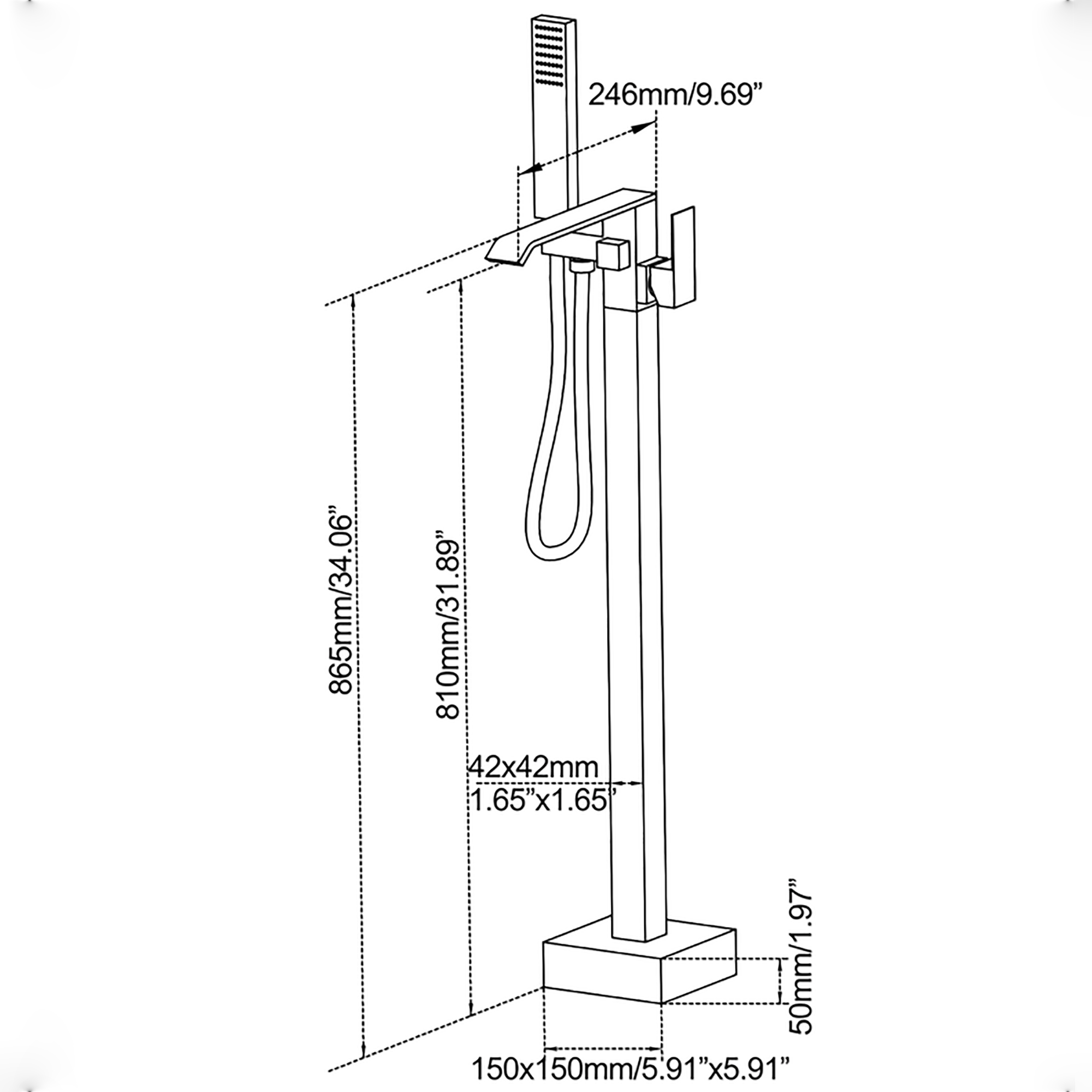Wand Floor Mounted Bathroom Tub Filler with Hand Shower, Brass Freestanding Bathtub Faucet
