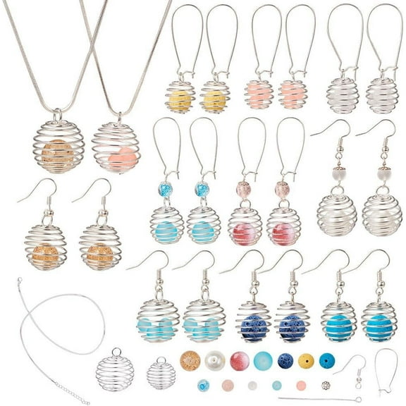 DIY Jewelry Set Making with Iron Wire Pendants Cage Pendants Natural Lava Rock Beads Transparent Glass Beads and Brass Earring Hooks Mixed Color 11.8x7.2x3.5cm