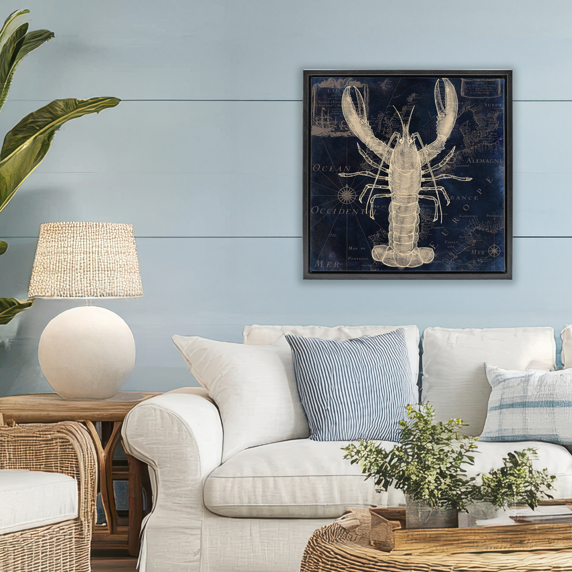 Lobster Contour over Map Black Framed Floater Canvas Wall Art, design by Sasha