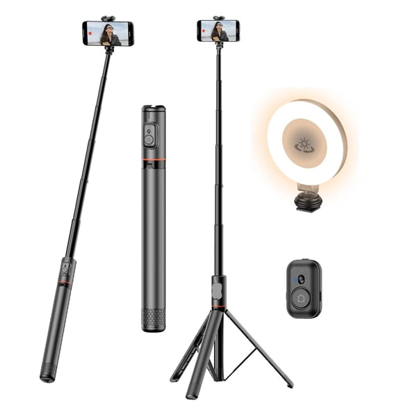 JUGLUTE 180CM/72Pulgadas Palo Selfie Trípode con Luz, Tripie para Celular Retráctil con Control Remoto, Compatible con iPhone/Samsung/Android para Viajar de la Cámara/