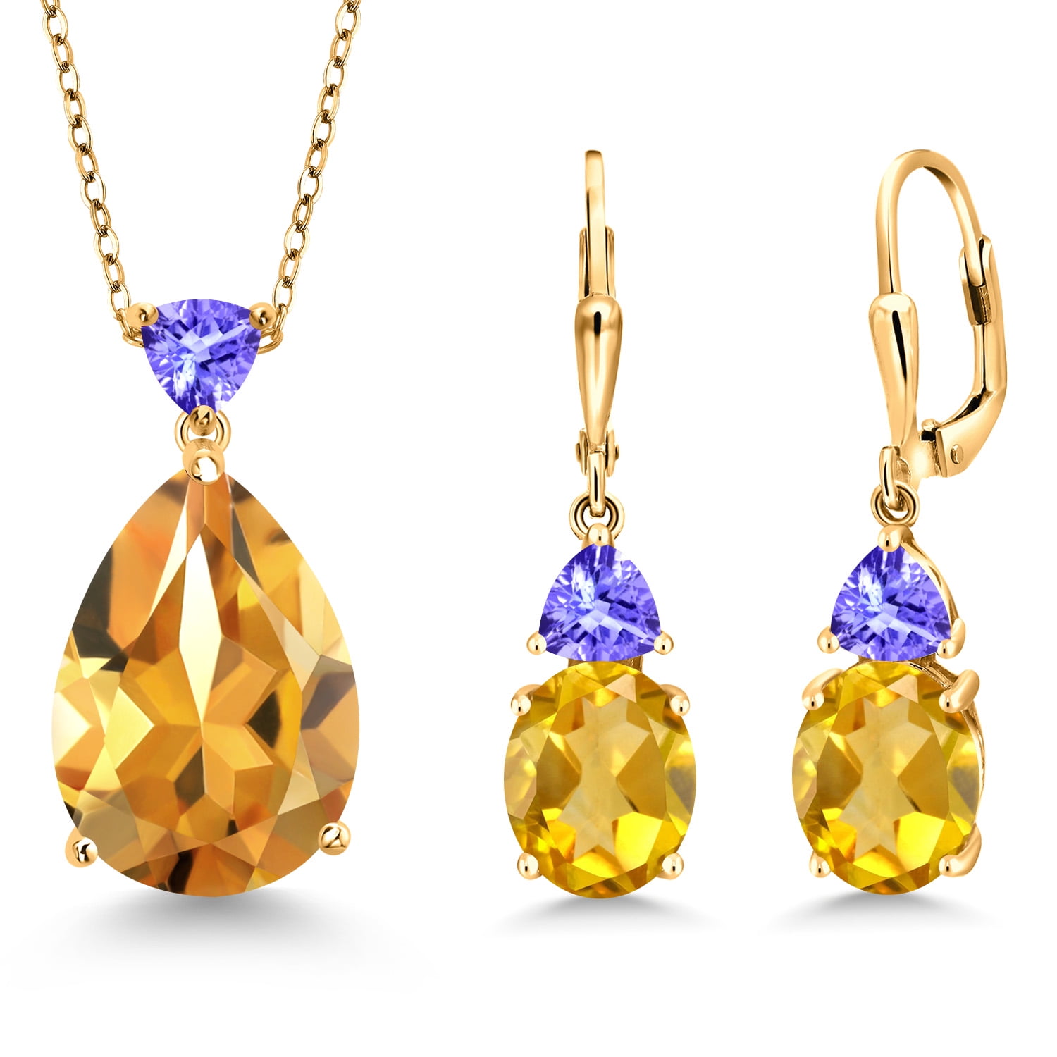 Gem Stone King 18K Yellow Gold Plated Silver Yellow Citrine and Blue Tanzanite Pendant Earrings Jewelry Set for Women (16.80 Cttw, Pear Shape 18X13MM, with 18 inch Chain)