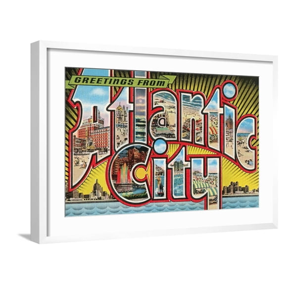 Art.com Greetings from Atlantic City, New Jersey Art Print, White Frame Wall Art, 29" x 21"