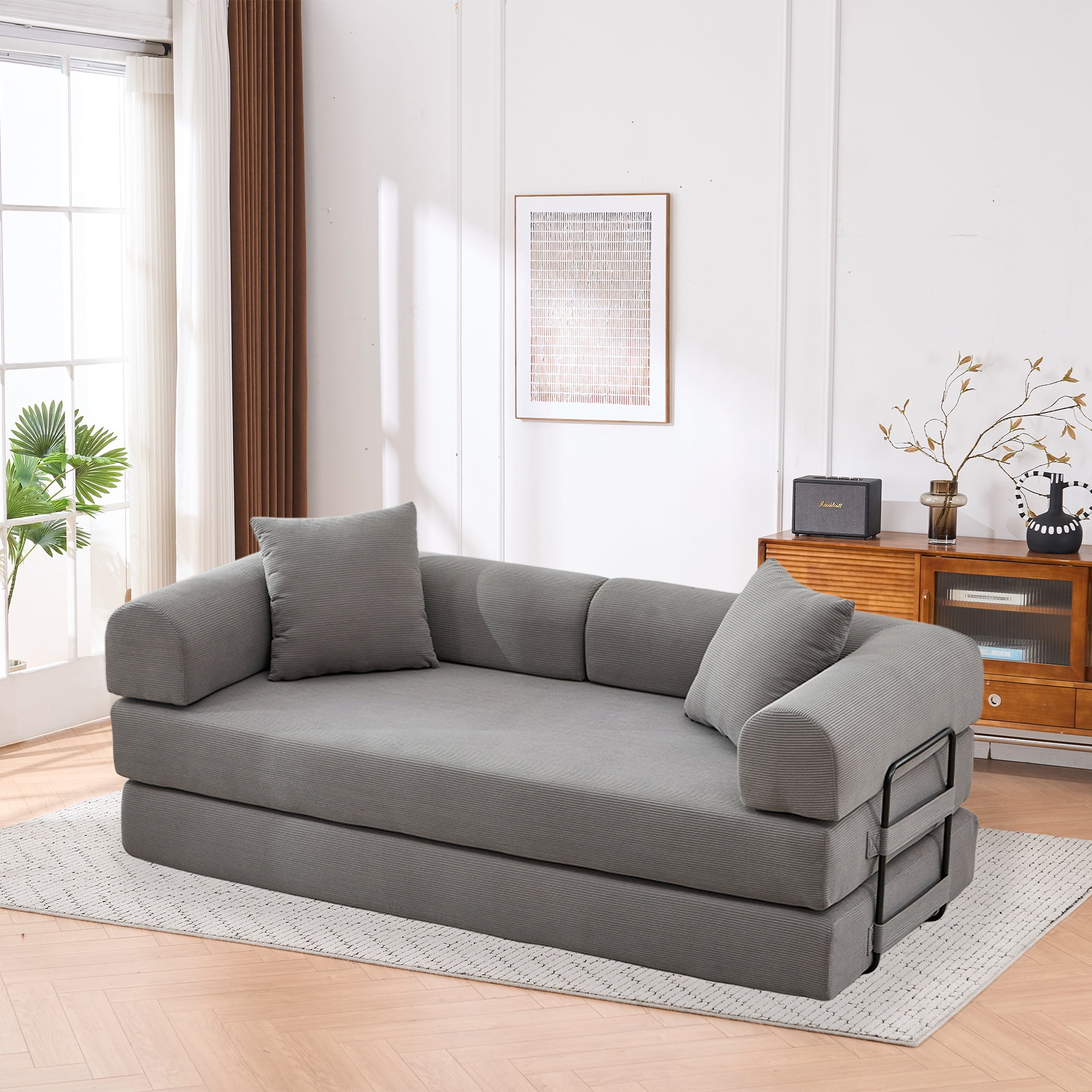 Leumius 4‑in‑1 Futon Sofa Bed,Modular Corduroy Sofa Couch with Fixed-Shape Frame & Removable Armrests,Folding Mattress Couch for Living Room, Office, Apartment,Gray