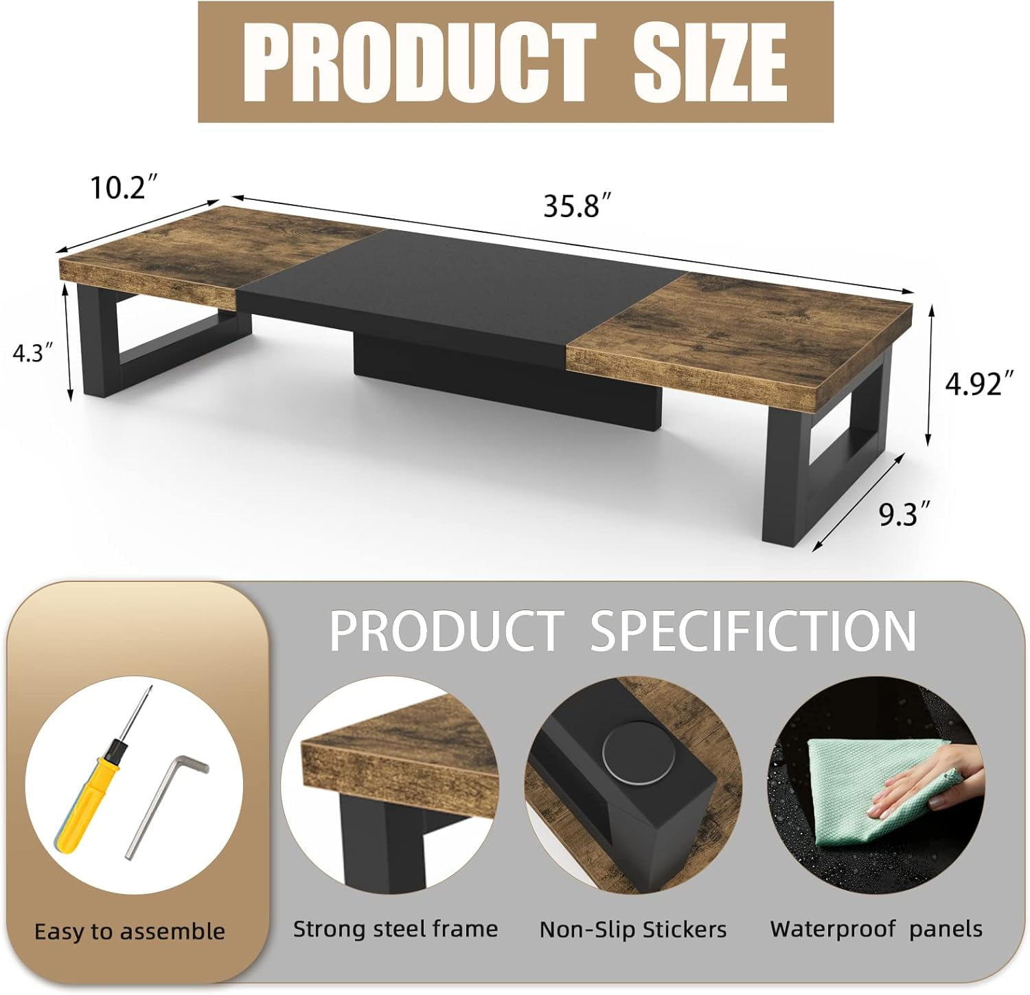 Dual Monitor Stand Riser with Wood and Steel, Multi-Purpose Desktop Storage Stand for Computer, Laptop, Printer, and TV