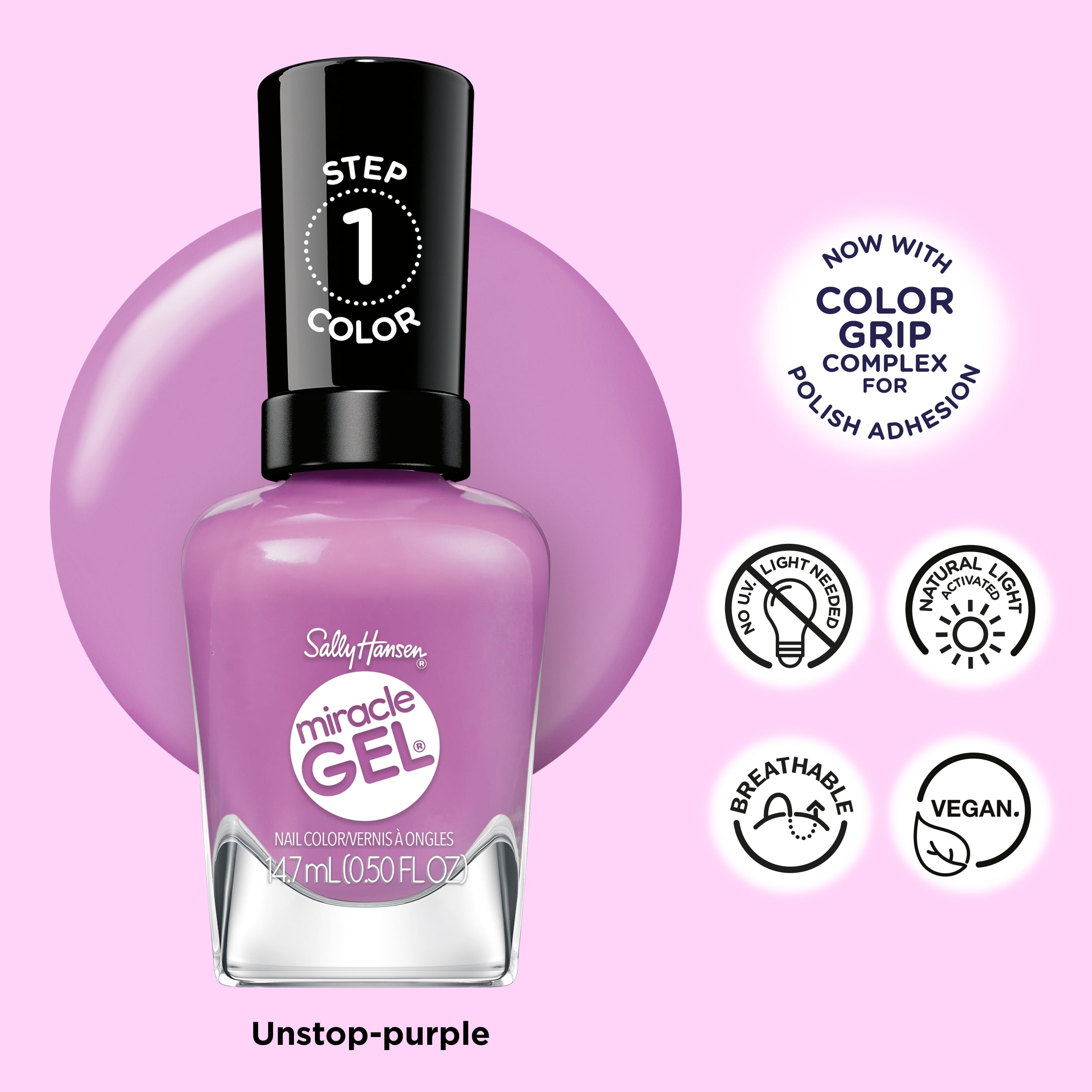 Sally Hansen Miracle Gel Supercharged Pinks Nail Polish, Salon-Quality Gel-Like Polish, Long-Lasting, Chip-Resistant, Unstop-purple 0.5 fl oz
