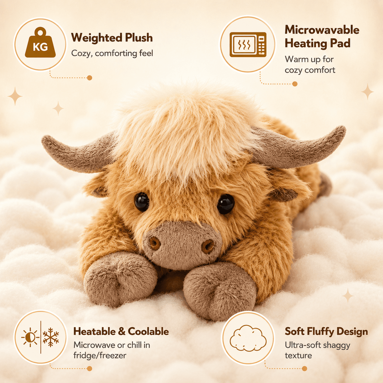 Highland Cow Weighted Stuffed Animal with Microwavable Heating Pad, Soft Fluffy Highland Cow Plush Toy, Heatable and Coolable Weighted Plush Warm Gift for Kids and Adults