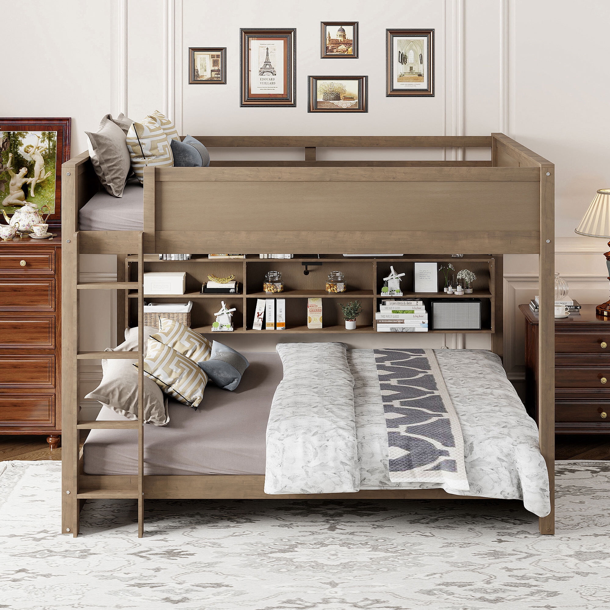 Euroco Wood Queen over Queen Bunk Bed with Bookcase, Shelves and USB Charging Station, Antique Wood
