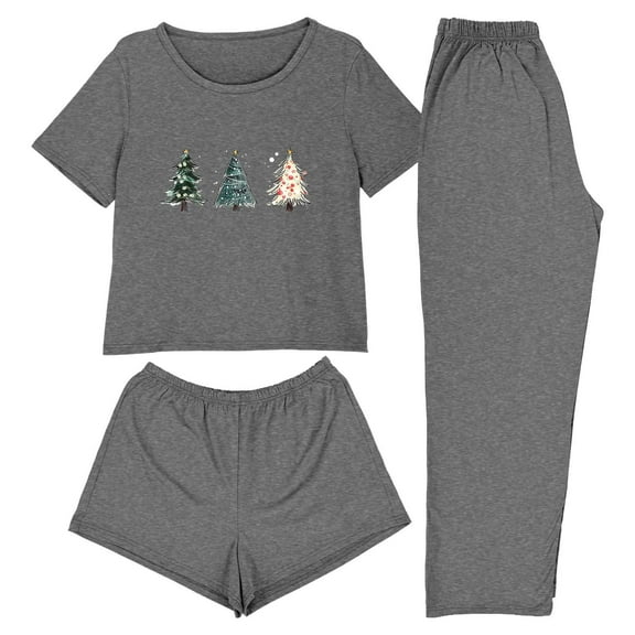 SuTry Women 3 Piece Christmas Pajamas Shorts Sleepwear Crew Neck Shirt Shorts and Long Pants Christmas Print Top and Loose Pants Set(Dark Gray#1,XS)
