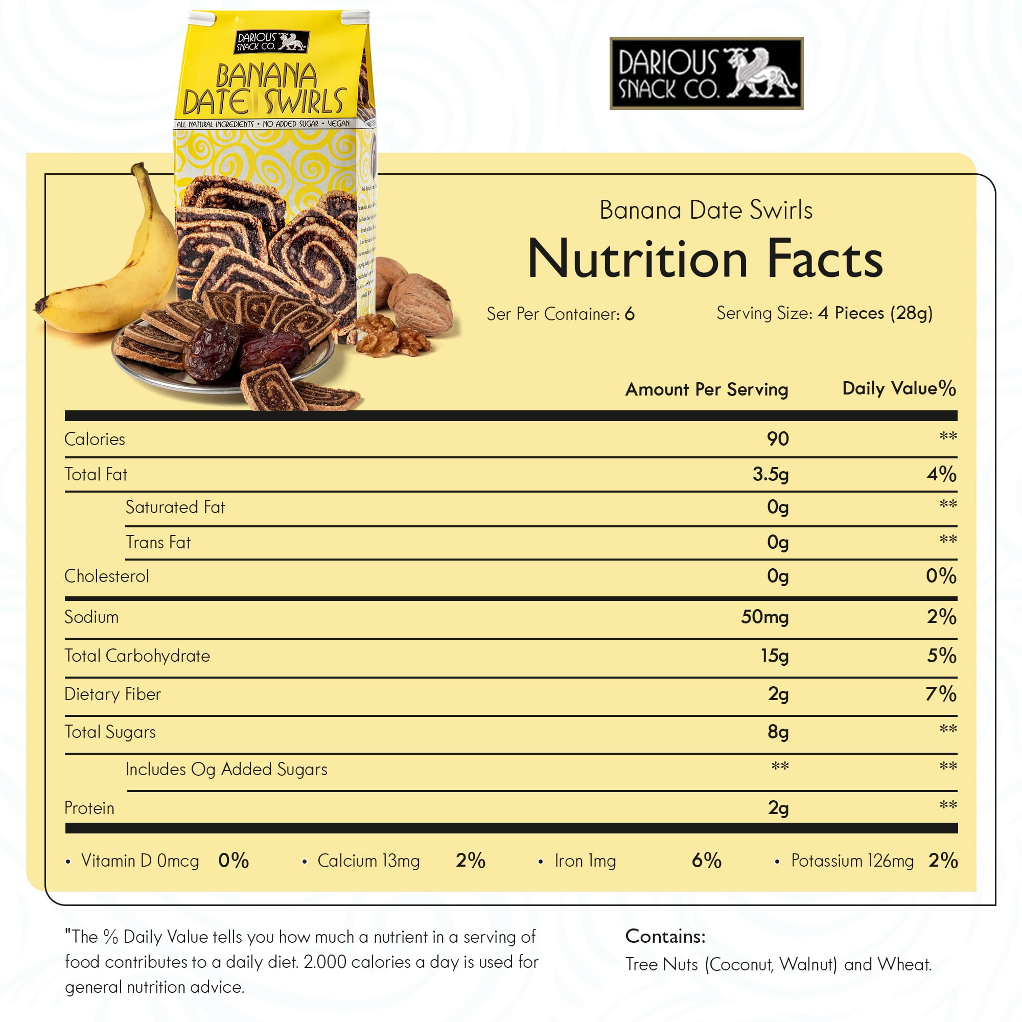 Darious Snack Co. Vegan Banana Date Swirls for Coffee & Tea Treat, Delicious Breakfast Cookies, Slightly Sweet and Savory, All Natural Ingredients, Holiday Food Gifts, 6 Pack - 5 oz Each Bag