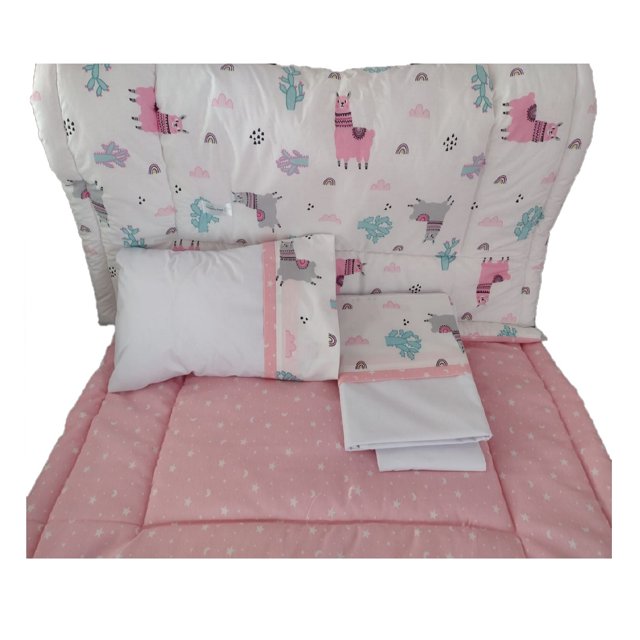 Set genérico de cuna para dormir, color rosa y gris, con colchón de 90 x 55 cm