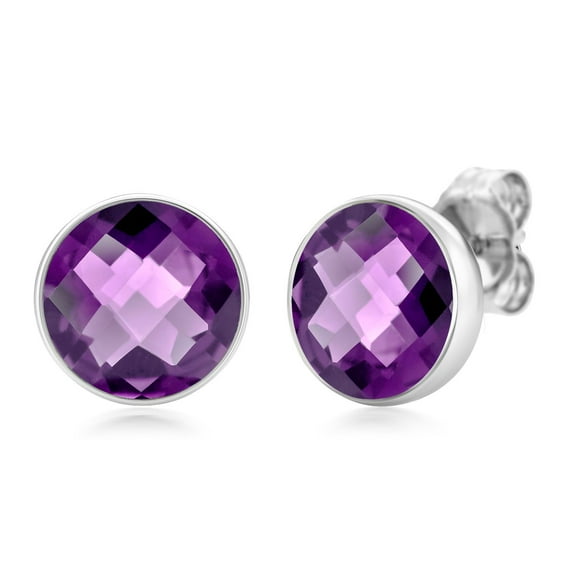 Gem Stone King 6.00 Cttw Natural Amethyst Stud Earrings for Women | 925 Sterling Silver | Gemstone Birthstone | 11MM Round Checkerboard Style Earrings