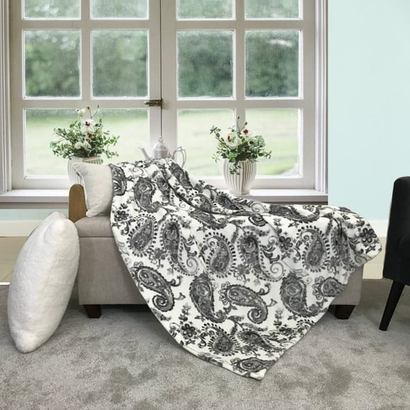 Serafina Home Decorative Paisley Throw Blankets: Soft Plush Accent for Sofa Couch Bed Chair Dorm, Colored: Charcoal Grey Cream White (Grey / White)