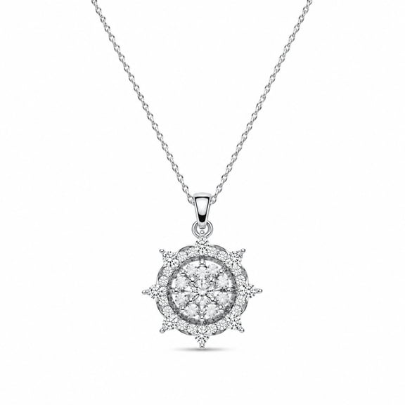 AlKhalil - Sterling Sunburst Diamond Pendant Necklace for Women, Round Cluster Design, Delicate Chain