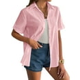 thumbnail image 3 of Women'S Cotton Button Shirt Rolled Hem Short Sleeve Shirt Women'S Summer Casual V Neck Beach Cotton Top Pink XXL, 3 of 8