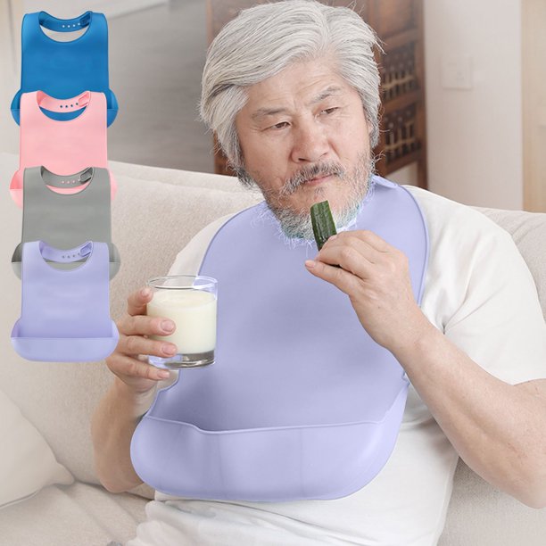 Babero para adultos para comer - Gran protector de ropa de silicona lavable de 20,5x14,2 pulgadas con cierre de gancho y lazo - Rosa, azul, morado, gris