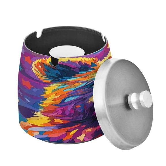 Outdoor Ashtray with Lid for Cigarette Stainless Steel Smokeless Ash Tray for Patio Home Table Decor Colorful Bear and Star