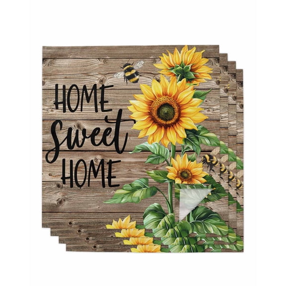 nqOlkjepod Sunflower Bee Cloth Napkins Set of 4 Reusable Dinner Napkins, Farmhouse Country Wooden Plank Brown Cocktail Napkin Washable Table Napkins for Wedding/Holiday Party/Baby Shower 20"x20"