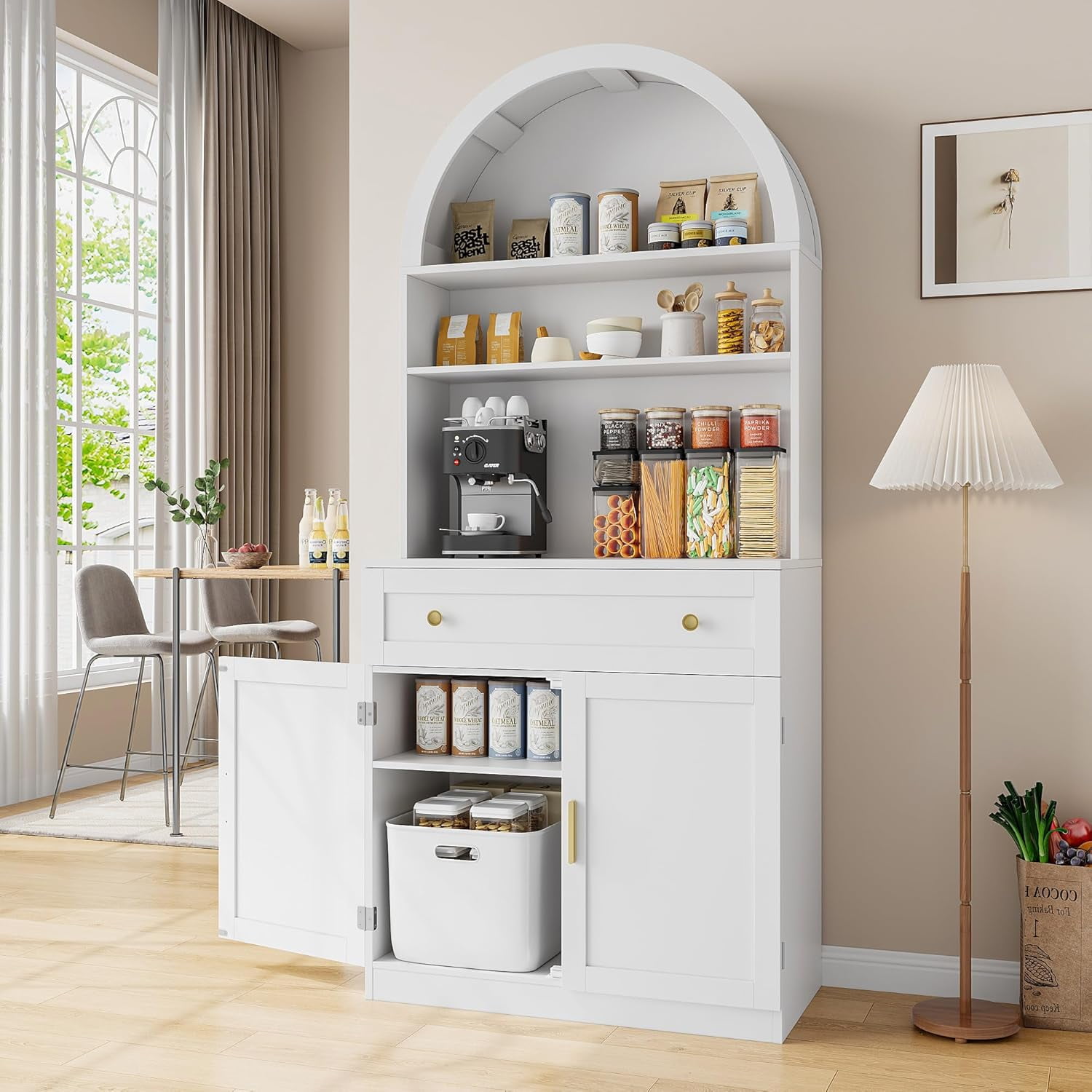 Akaber 71" Tall Arched Kitchen Pantry Cabinet, Modern Kitchen Storage Cabinets with Hidden Drawer and Spacious Countertop, Wooden Storage Pantry Cabinet for Living Room, Dining Room, White