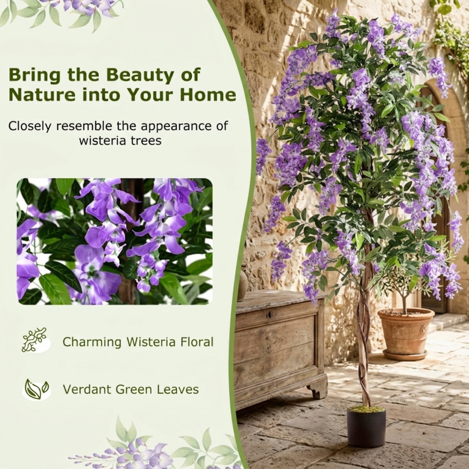 Vebreda Artificial Plant Decor, Set of 1/2 Fake Ficus Plant 6 FT Artificial Wisteria Tree with Natural Trunks and Purple Lifelike Flowers