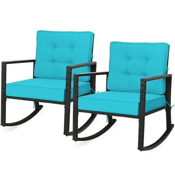 Gymax Solid Print Rattan Outdoor Rocking Chair, Black and Turquoise (Set of 2)