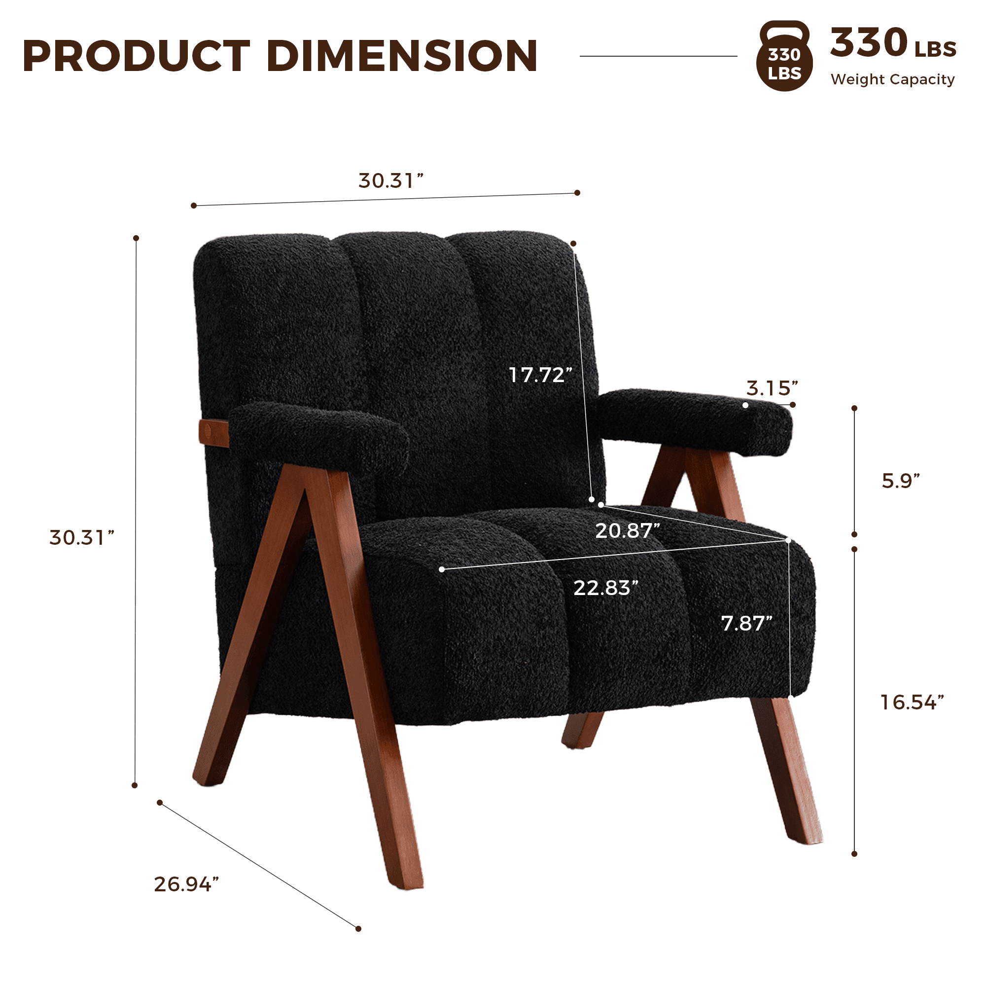 MOONMISS Mid Century Modern Accent Chair with Solid Wood Frame, Boucle Upholstered Living Room Chairs with Thick Cushion, Comfy Tufted Arm Chair for Bedroom,Black