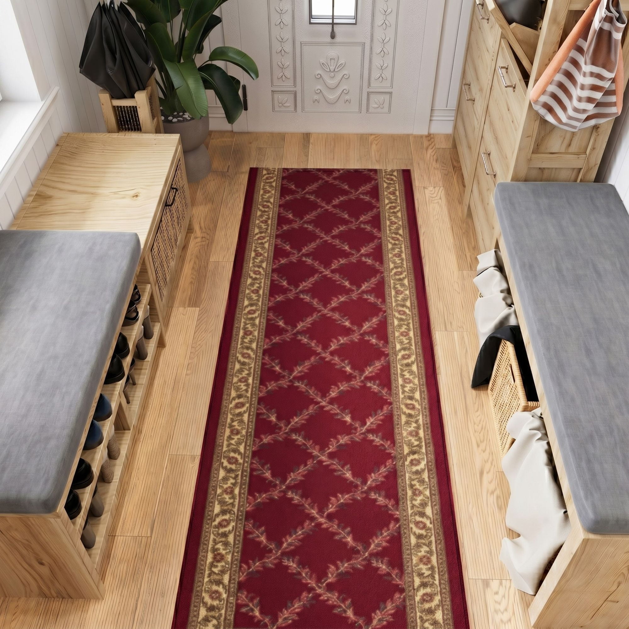 Ottomanson Extra Long Runner Rug 2'7" x 37' – Non-Slip Low Pile Hallway Carpet, Trellis Burgundy Red