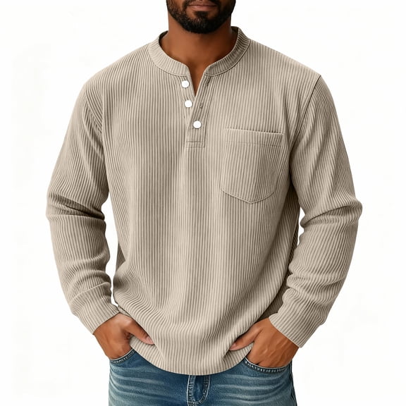 LNZGNM Long Sleeve Shirts for Men Solid Color Corduroy 3 Button T-Shirts Lightweight Slim Fit Shirt Casual Winter Pullover,Khaki XL