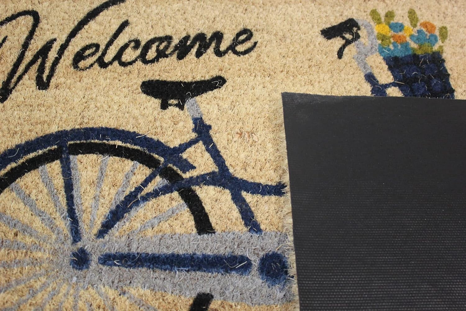 Kashi Home Printed Coir Fiber 18x28 Non-Slip Doormat, Durable Outdoor / Indoor Rug, Entryway, Front Door, Porch, Patio, Welcome Mat, Hello Spring Theme, Floral Americana Design Decor (Welcome Bicycle)