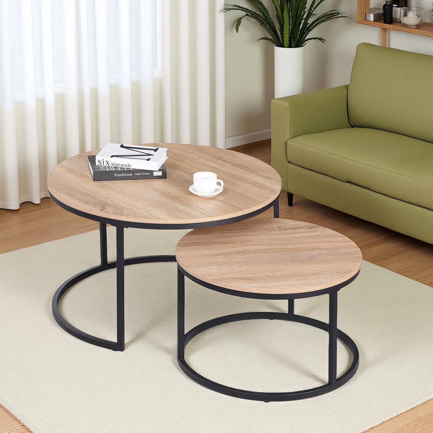 CENSI Round Nesting Coffee Table Set of 2, 31.5" Natural Oak Wood & Metal Frame, Modern Industrial Stacking Center Tables for Living Room, Scandi Boho Decor, Sturdy Circle Accent Furniture