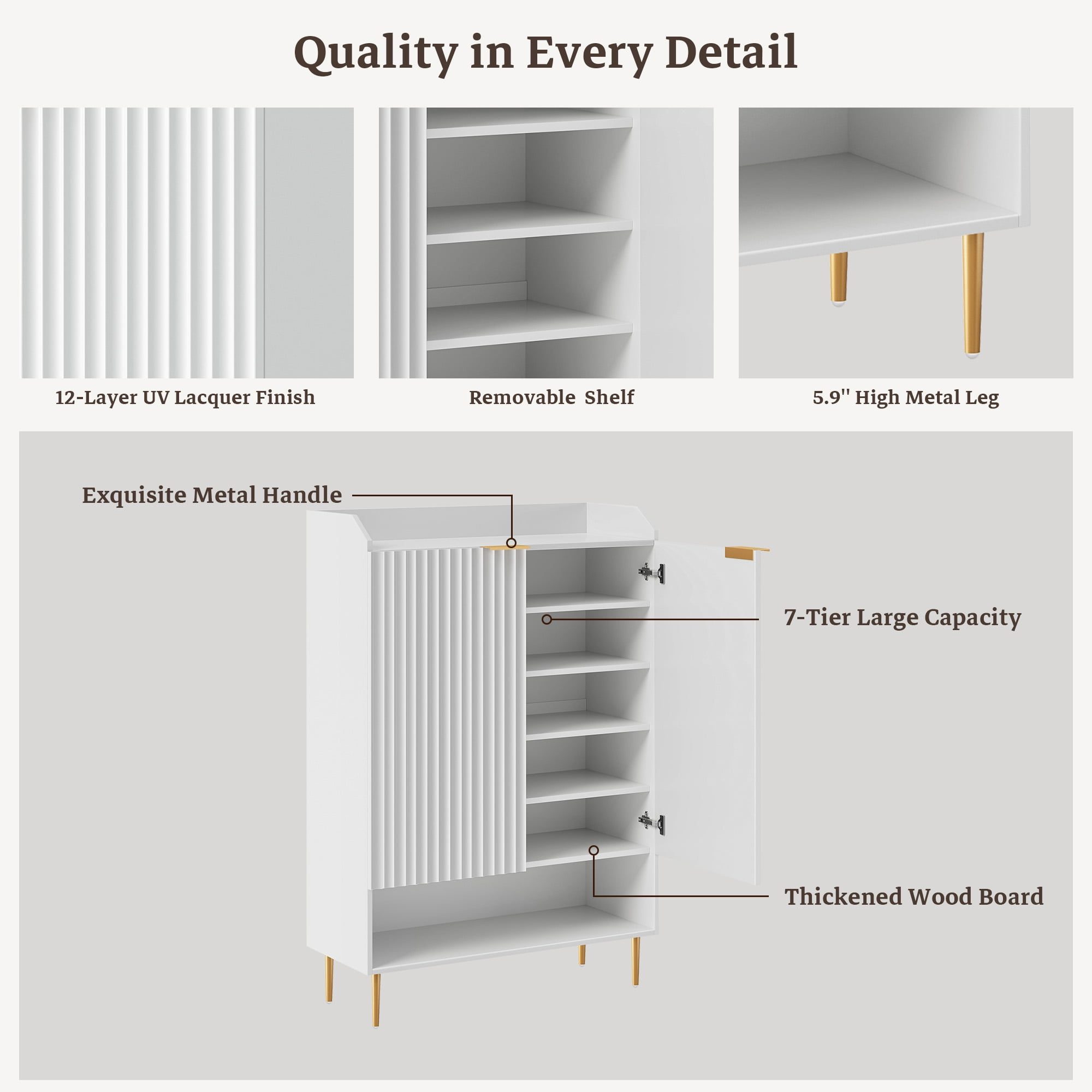 SICOTAS 50.7"H Tall Shoe Storage Cabinet with 2 Fluted Doors & 4 Adjustable Shelves, High-Gloss White 7-Tier Modern Shoe Cabinet up to 24 Pcs, Narrow Shoe Organizer Cabinet for Entryway
