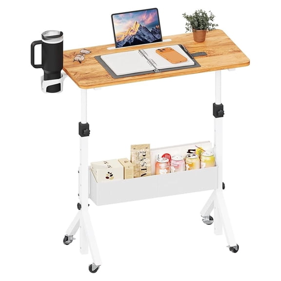 Mobile Standing Desk with Wheels, Adjustable Height 28.3-46.3", Rolling Laptop Cart, Home Office Stand Up Desk with Cup Holder & Storage, Light Vintage Brown