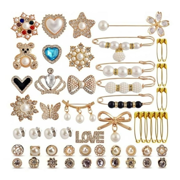 WE-POLUJ 55Pcs Artificial Pearls Rhinestones Charm for Socks Brooch Pin Artificial Pearls Safe Pin Dress Sweater Shawl Clip