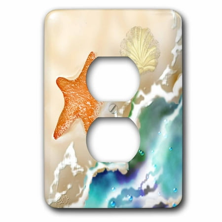 3dRose Starfish and Seashell in the Sand near the Ocean Art - 2 Plug Outlet Cover