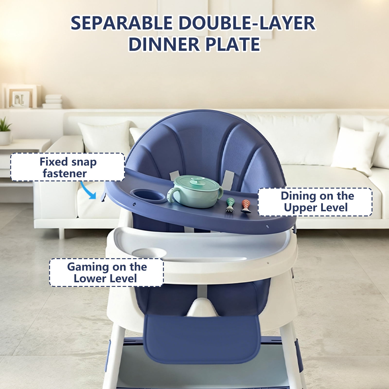 4-in-1 Baby High Chair for Babies & Toddlers, Foldable High Chair with Detachable PU Cushion, Removable Tray, Adjustable Height, Locking Wheels, Blue