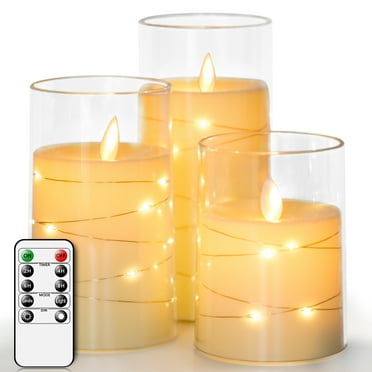 Ceestyle Flickering Flameless Candle Built-in Star String,Unbreakable Glass LED Ivory Candles Set of 3