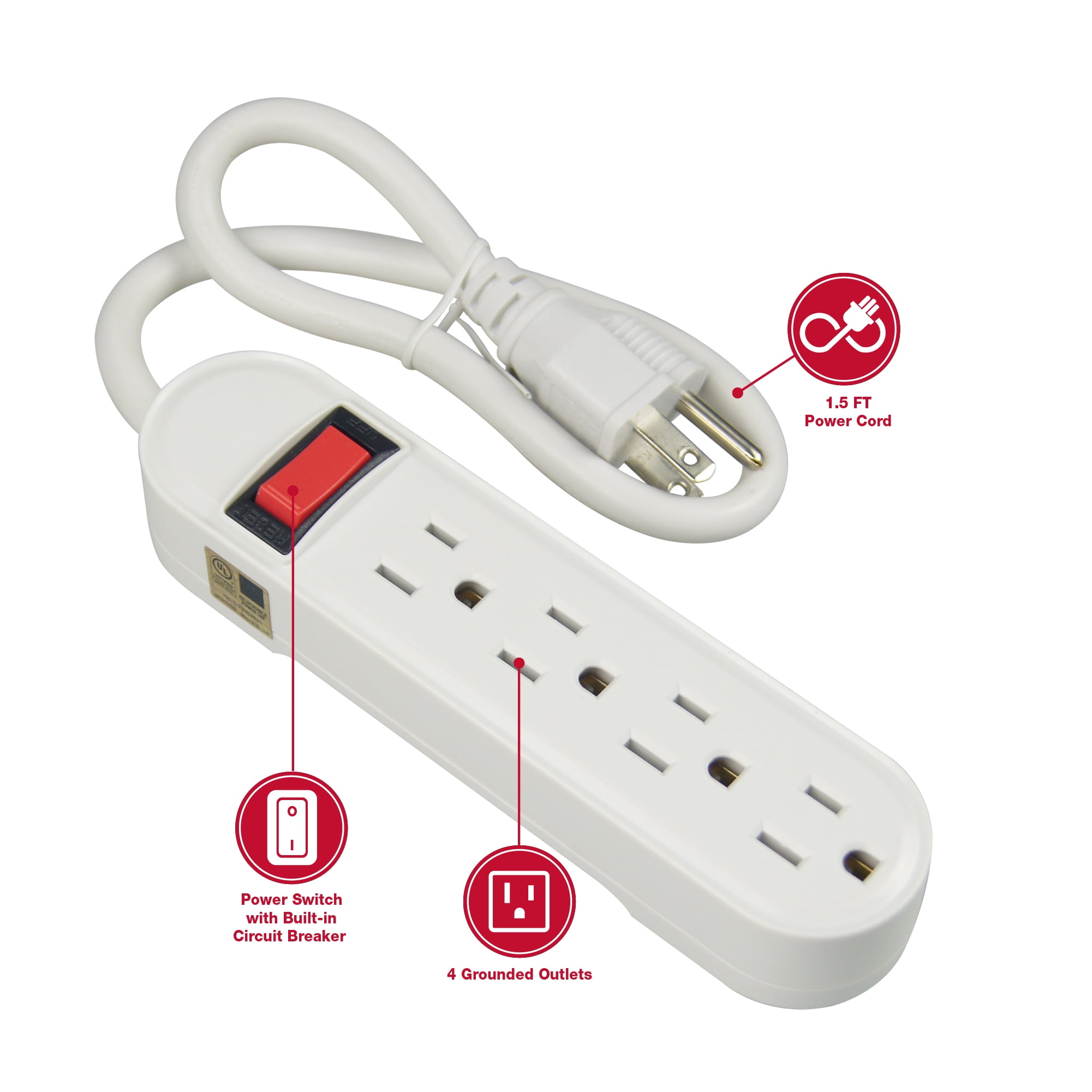 Universal Socket Power Strip with 4 USB 6 Outlet Extender 1250W Circuit Breaker 