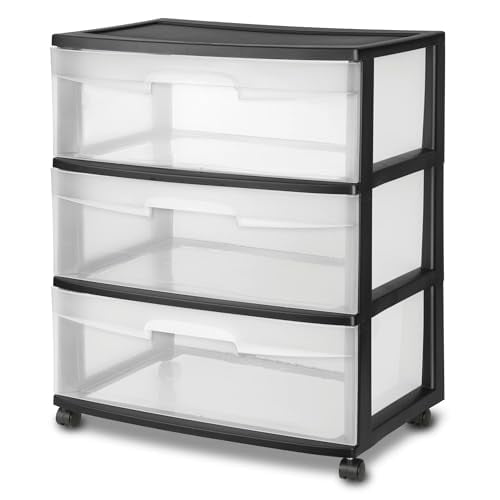 Sterilite 29309001 15-1/4" X 21-7/8" X 24" Clear & Black Wide 3 Drawer Cart