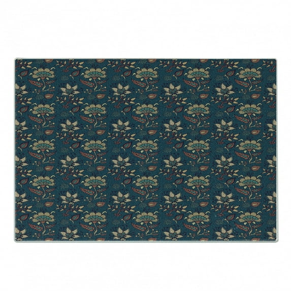 Bohemian Cutting Board, Vintage Pattern with Flowers Nature Inspired Hippie Blossoms, Decorative Tempered Glass Cutting and Serving Board, Small Size, Teal Beige and Cinnamon, by Ambesonne
