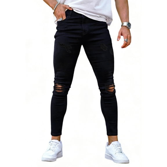 GINGTTO Ripped Jeans Men Stretch Mens Skinny Jeans with Holes Black 30W30L
