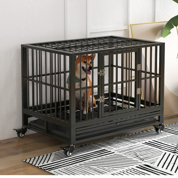 ZephyPaws 37 Inch Heavy Duty Dog Cage,Metal Dog Kennel and Crate for Large Dogs,Easy to Assemble Pet Playpen with Lockable Wheels,Tray,Black