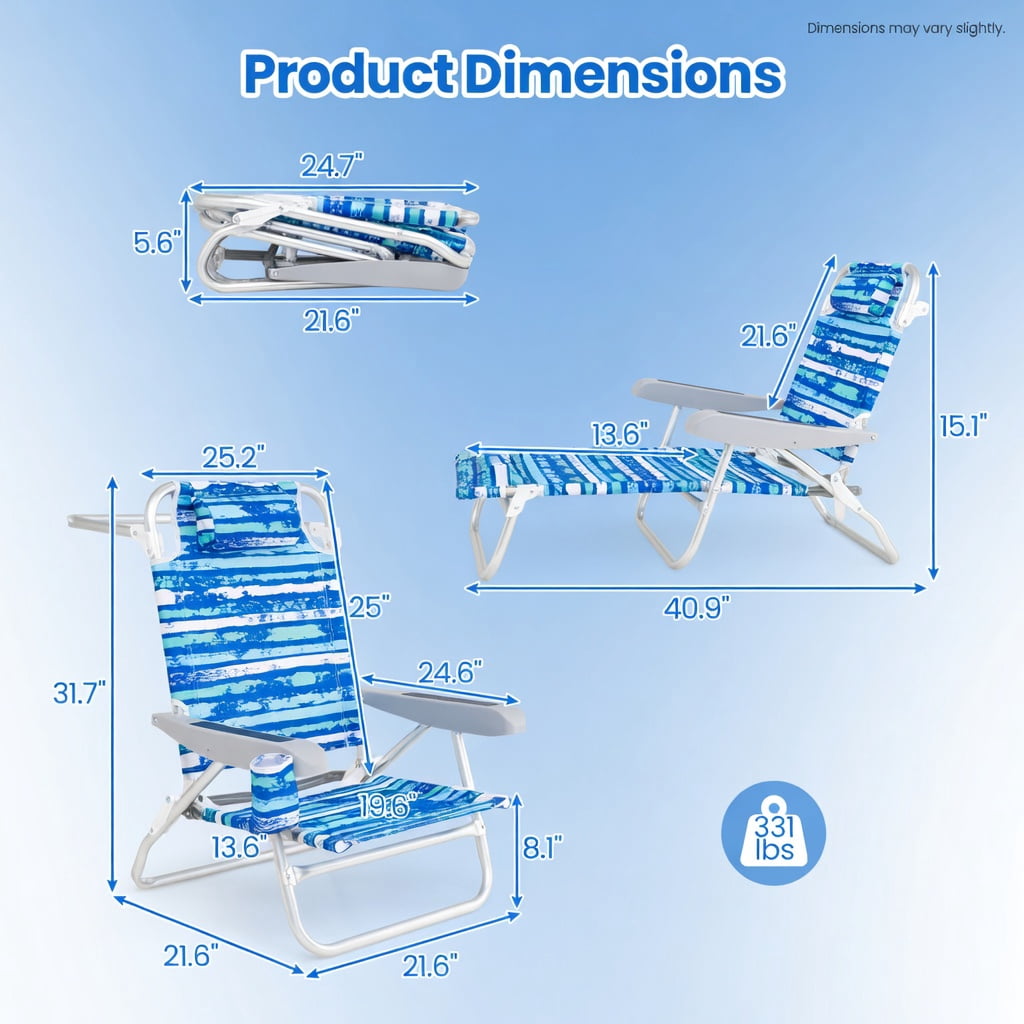 Hommoo 2-Pack Foldable Beach Chair with 5-Position Recline, Padded Headrest & Cup Holder, Lightweight Aluminum Outdoor Chairs for Beach, Camping, Picnic, Blue