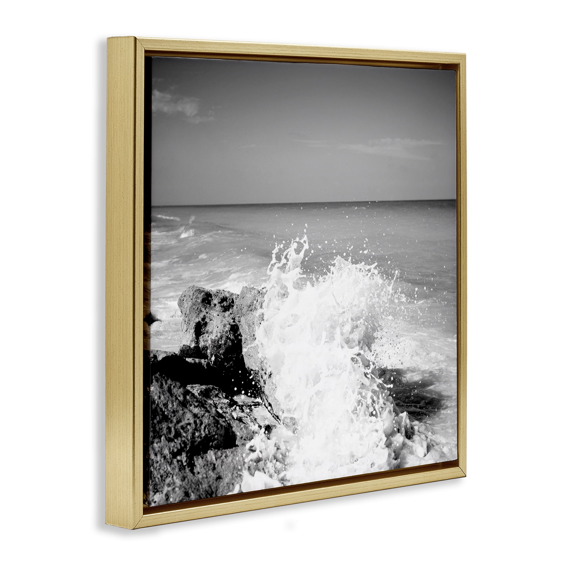 Stupell Industries Splashing Rough Waters Coastal Photography Gold Floater Framed Canvas Art Print Wall Art, 18 x 18