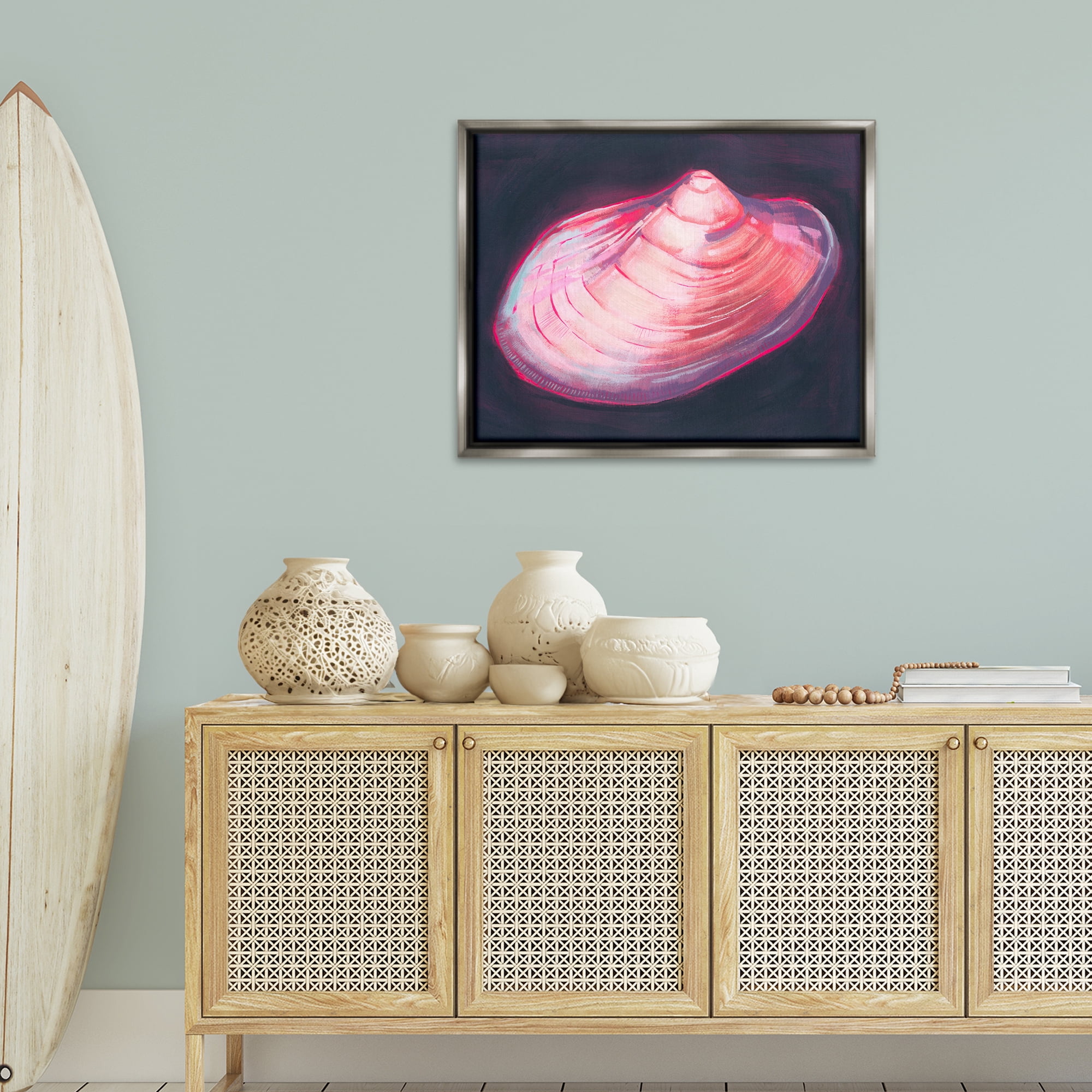 Stupell Industries Pink Seashell on Black Animals & Insects Painting Gray Floater Framed Canvas Art Print Wall Art, 31 x 25