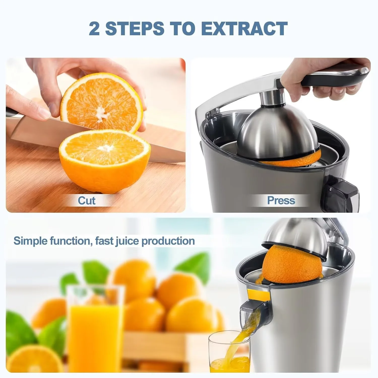 HealSmart Electric Citrus Juicer Squeezer, One-Touch Operation Orange Juicer Machine, High Juice Yield, Suitable for Oranges, Limes, Grapefruits, Lemons, Easy to Clean, Silver