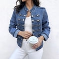 thumbnail image 4 of FDGIU Women Stand Collar Denim Jacket Long Sleeve Decorative Button Cropped Casual Jean Outerwear, 4 of 7