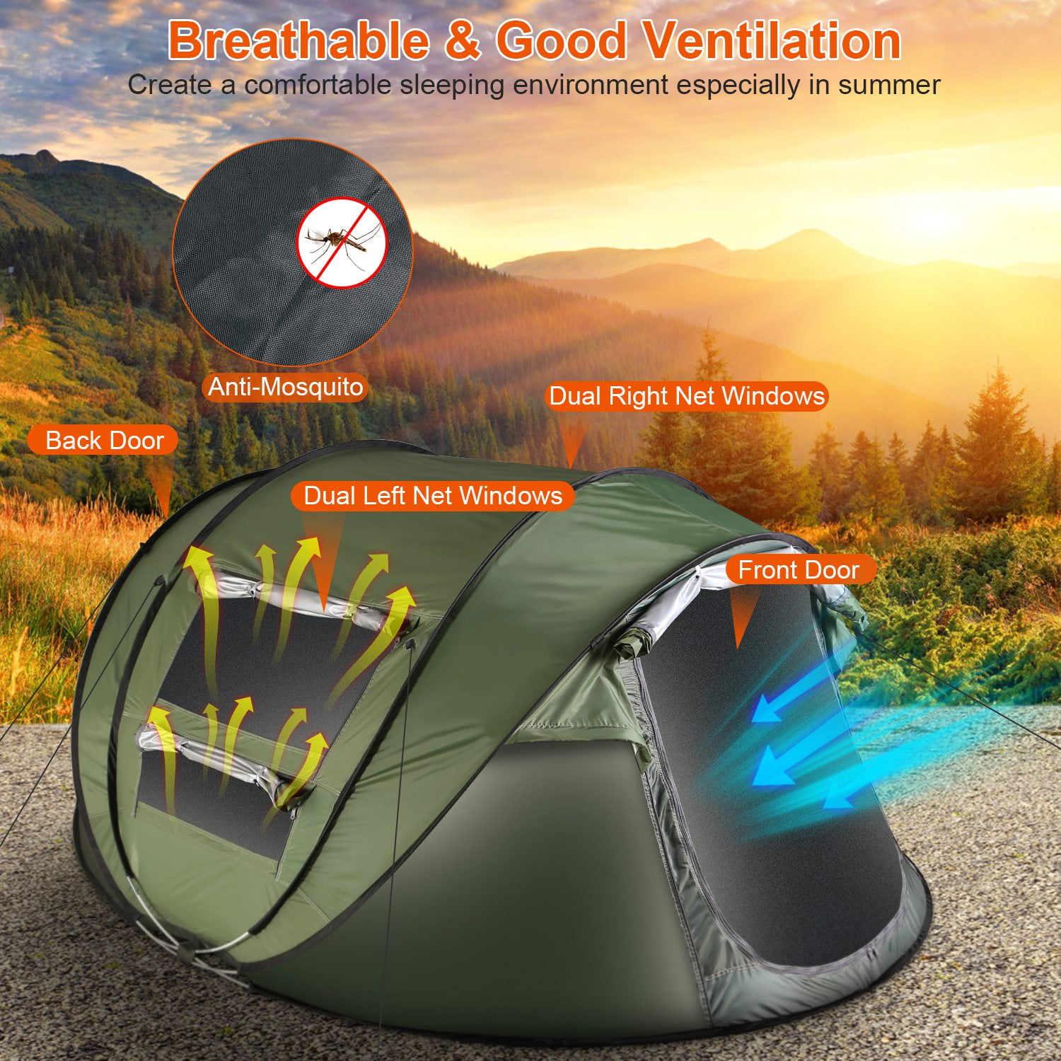 Pop up Camping Tent for 2-3 Person Tent Waterproof Instant Easy Setup Family Tent for Camping Hiking Climbing Traveling Green
