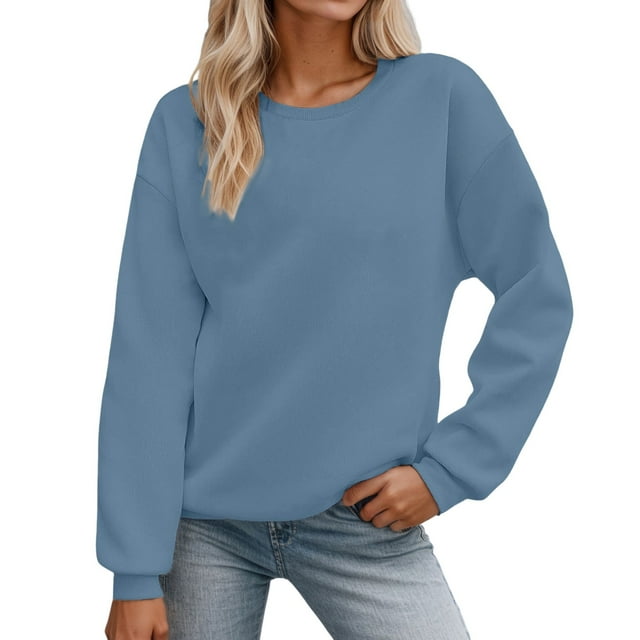 Aocisk Chandail Molletonné à Col Rond Uni pour Femmes Automne Hiver, Manches Longues, Haut Chaud, Bleu Pâle, S