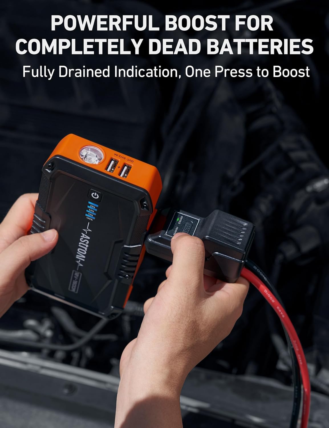 AstroAI S8 Orange Car Jump Starter: 1500A Peak for 6.0L Gas/3.0L Diesel, 12V Portable Battery Pack with 3-Mode Flashlight & Jumper Cables